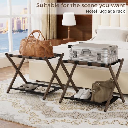 Walnut-Coating Foldable Luggage Rack Set of 2 for Guest Room, Heavy Duty
