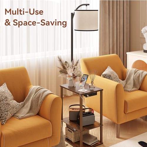 SUNMORY Rustic Brown Floor Lamp with Shelves & Charging Station - End Side Table for Living Room