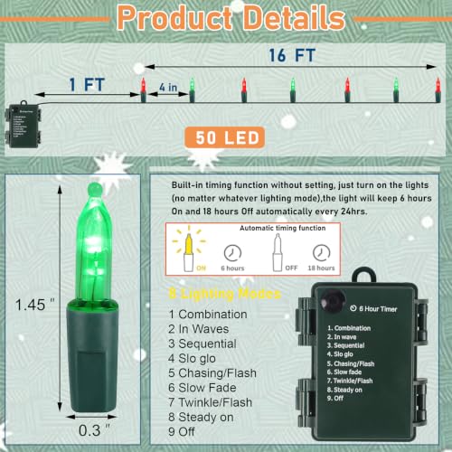 Watereem 2-Pack Battery Operated Christmas LED String Lights 50LED 16ft Red & Green with 8 Modes