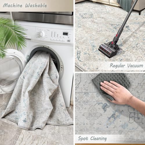 8x10 Indoor Area Rug - Vintage Retro Non-Slip Washable Chenille Home Carpet - Grey/Blue/Teal/Green/Tan - Lightweight, Low Pile, Perfect for Living Room & Bedroom (Warm Grey/Blue, Rectangular)
