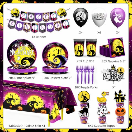 Halloween Party Decorations Kit 129-Piece Purple & Black Set with Dinnerware & Balloons