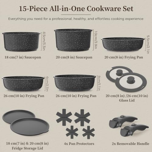 YASHE 15-Piece Nonstick Cookware Set with Removable Handles - Gray, Oven Safe