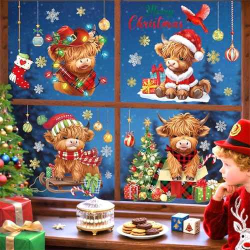 decalmile Merry Christmas Highland Cow Double Sided Window Clings Reusable Xmas Tree Gifts Snowflake Anti-Collision Glass Doors Window Stickers Decals