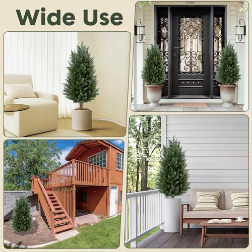2pcs 3FT Artificial Cedar Topiary Trees with Ground Spikes - UV-Resistant Outdoor & Indoor Decor