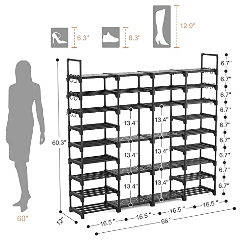 Black 9-Tier Large Shoe Rack Organizer for Entryway Closet - Heavy Duty, 68 Pairs Storage
