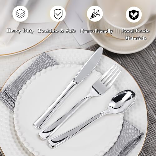 120 Pack Disposable Silver Plastic Silverware with Napkins - Heavy Duty & Elegant Design