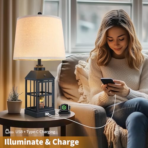 Lovlast 25-Inch Farmhouse Black Table Lamps Set of 2 with USB & Night Light