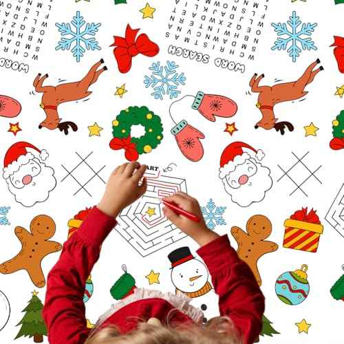 Labeol Christmas Tablecloth, 108"x 54" Christmas Coloring Tablecloth for Kids, Santa Claus Snowman Reindeer Maze Color-in Paper Table Cover for Winter Party Arts and Crafts (2pcs)