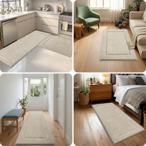 Extra Soft Bathroom Rug 30x60 Inches - Beige Shower Mat with Non-Slip TPR Backing