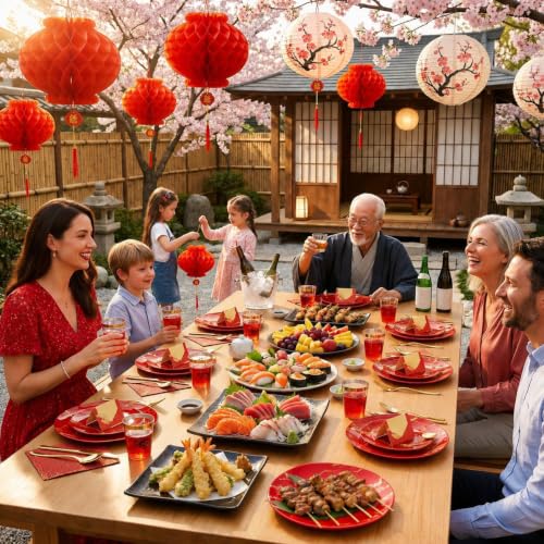 Disposable Dinnerware Set - 225 Pieces Red & Gold Plastic Plates for Hibachi & Asian-Themed Parties - Variation: Gold / 225PCS