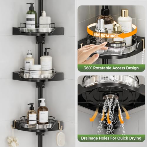 Black 360° Rotating Corner Shower Caddy Organizer Tension Pole - Adjustable, Rustproof, No-Drill Bathroom Storage