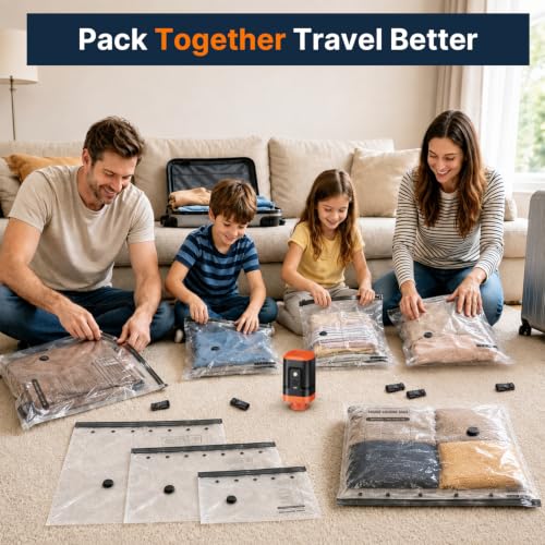 Orange Travel Vacuum Bags with Rechargeable Pump – Portable 4000mAh Sealer Kit