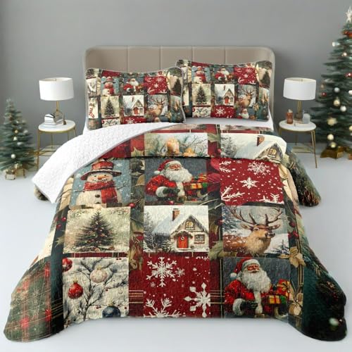 NIDITW 3-Piece Christmas Quilt Set Queen - Retro Plaid Winter Patchwork with 2 Shams