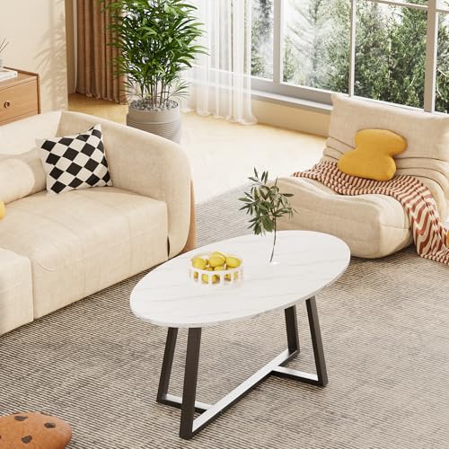 White Black Oval Coffee Table - Small Modern Living Room Side Table with Marble Top