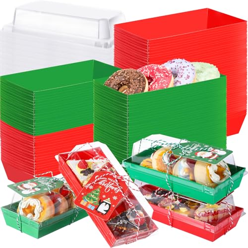 Mooliwe 50 Pcs Christmas Charcuterie Boxes with Ropes & Cards, 7.5" Clear-Lid Dessert Boxes, Red & Green Set for Xmas Party Favors (Variation: 50)