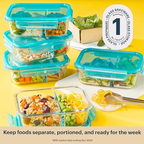 Pyrex Glass Meal Box 4-Cup Divided Containers 5-Pack with Locking Lids - BPA-Free
