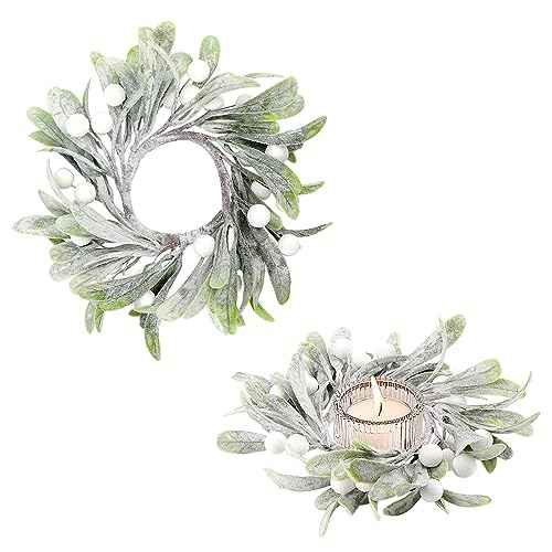 2 Pcs Candle Rings Wreaths, 6 Inch Artificial Mistletoe Wreaths with White Berry Frosted Lamb's Ear Mini Wreath Accents Candle Wreath for Holiday Winter Decorations Christmas Table Decor (White, 2)
