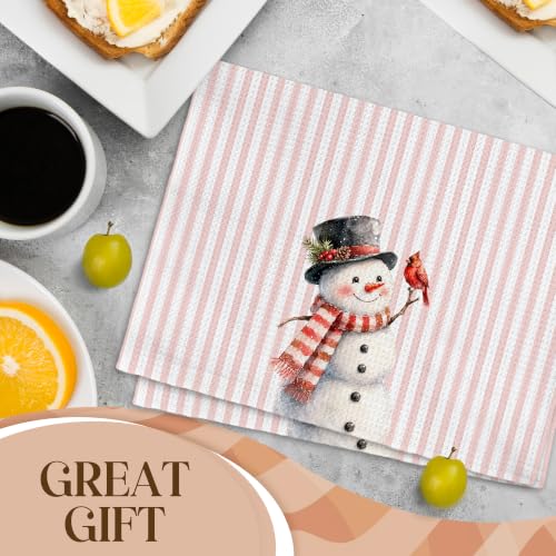 Preppy Christmas Cardinal Snowman Kitchen Hand Towels - Pink, 16x24 in