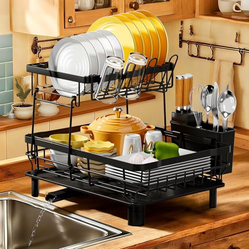 Black 2-Tier Dish Drying Rack with Drainboard for Kitchen Counter, 13''W x 17''L