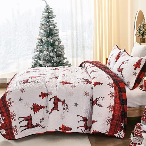 Dinjoy Christmas Quilt Set King Size Red Deer Plaid 3-Piece