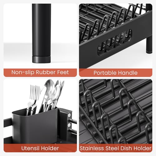 TOOLF Expandable Dish Drying Rack for Kitchen Counter - Black, Standard