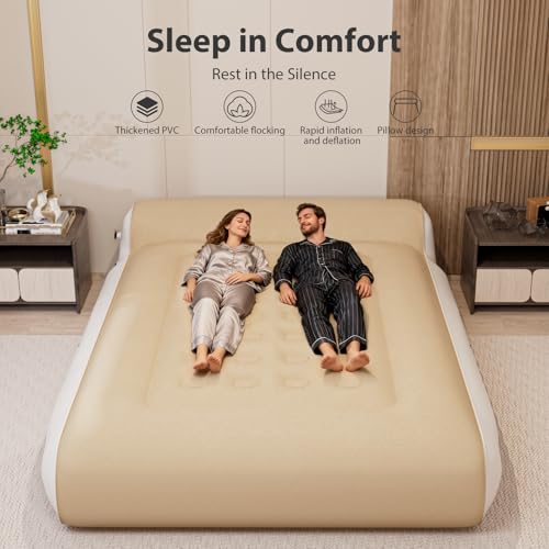 Queen Air Mattress with Built-In Pump - Khaki & White, 16-inch, Supportive & Durable