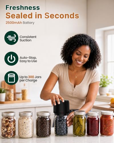 Electric Mason Jar Vacuum Sealer Kit - Black, Food Storage, Cordless, Upgraded