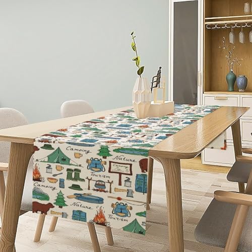 KANEPE Camping Blue Forest Animal Bear Pattern Linen Table Runner 13x36in for Indoor Outdoor Dining