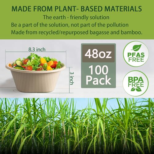 Heavy Duty 48oz Disposable Paper Bowls - Eco-Friendly Compostable Salad Bowls, 100 Pack, Natural Variation