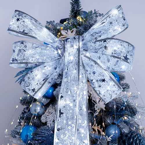 Ouddy Life 32ft Christmas Ribbon Fairy Lights, 100 LED Lights Silver Ribbon for Christmas Tree Wired Double Layer Mesh, Outdoor Indoor New Year Holiday Christmas Tree Decorations Wrapping Xmas Garland