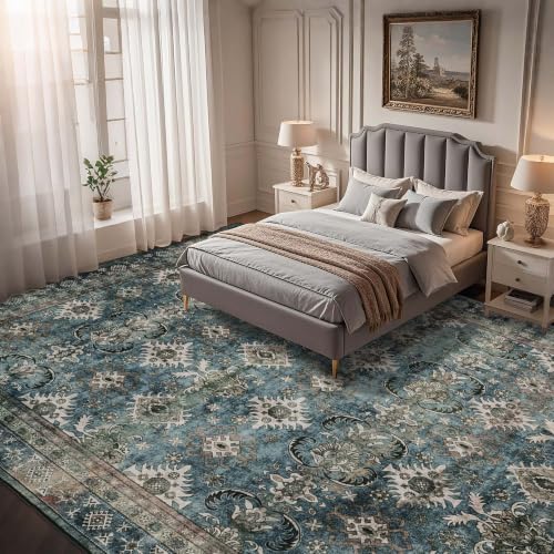 Blue Vintage Living Room Rug 9x12 Carpet with Non-Slip Backing - Washable & High Traffic
