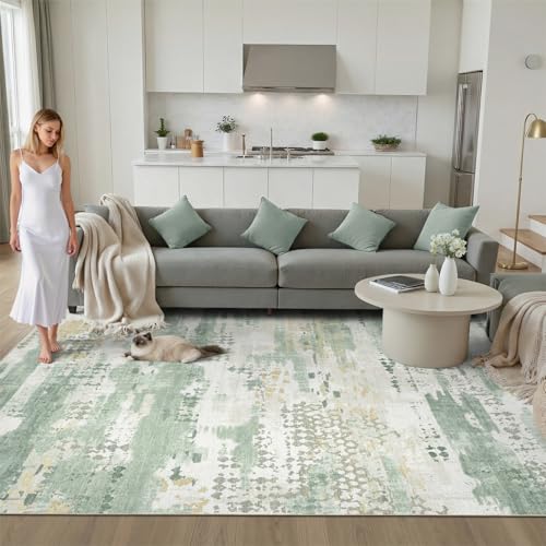 DCX 5x7 Washable Abstract Area Rug - Sage Green, Non-Slip, Pet & Kid Friendly