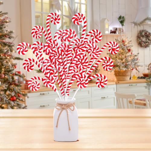 Sggvecsy 6Pcs Red Candy Cane Woolen Bell Christmas Tree Picks - 16in Lollipop Curly Ornament