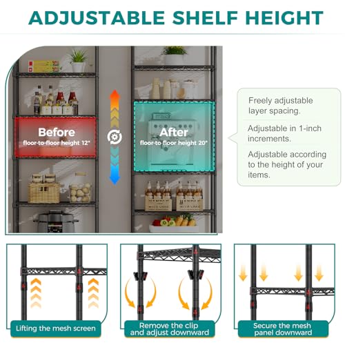 SINGAYE 6-Tier Metal Wire Shelving Unit, Adjustable Black Pantry Storage Shelf 14"D x 24"W x 72"H