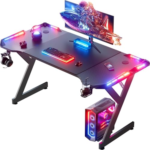 47 Inch Gaming Desk with Carbon Fiber Surface & LED Lights - Black, LED Version