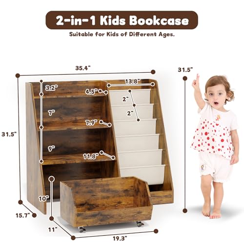 COZPAW Medium Kids Bookshelf Toy Storage Brown 4-Tier Toddler Organizer