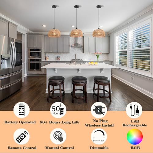 Brown Battery Operated Pendant Light with Remote - Rechargeable Rattan Chandelier No Wiring Needed for Kitchen & Ceiling