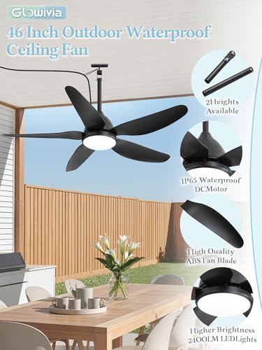 Glowivia 46-Inch Black Outdoor Ceiling Fan with Lights, Plug-in, IP65 Waterproof