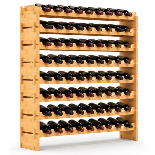 NutriChef 72 Bottle Wine Rack Stackable Bamboo Freestanding, 8-Tier