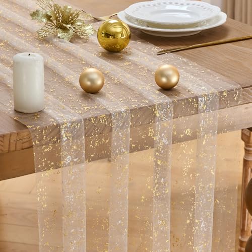 Fanami Beige Gold Glitter Tulle Table Runner 10ft x 28in (2pc) for Wedding & Party