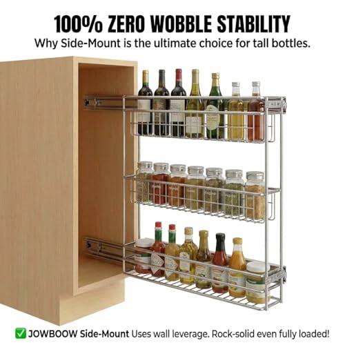 4-Inch Side Mount 3-Tier Pull-Out Spice Rack for Frameless Cabinets — Black Finish