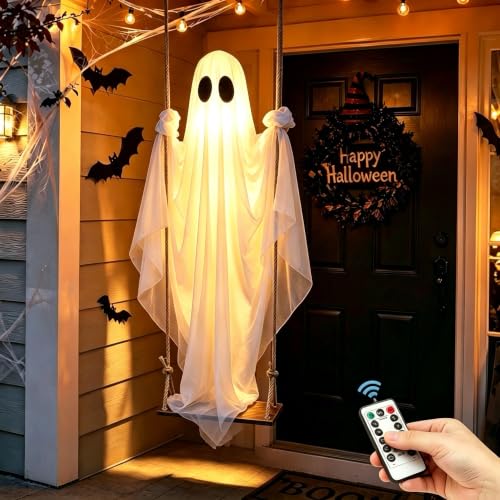BAICIWE Outdoor Halloween Hanging Ghost Decor 4-8FT, White Remote Light