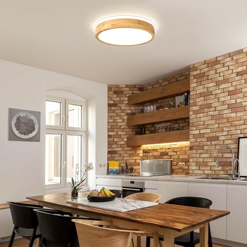 Dimmable Wood Flush Mount Ceiling Light 15.74in - 5CCT Adjustable Modern LED Fixture