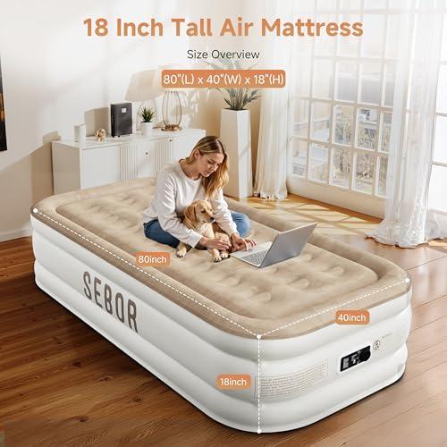 Sebor Twin Air Mattress with Built-In Pump Khaki 18" - Self-Inflating, Durable Guest Bed for Camping & Travel