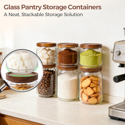 Glass Pantry Storage Containers with Acacia Wood Lids - 1.1Qt & 0.5Qt Set, Stackable, Airtight Food Storage