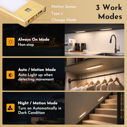 Gold Rechargeable Motion Sensor Cabinet Light - 9in Dimmable 4-Pack