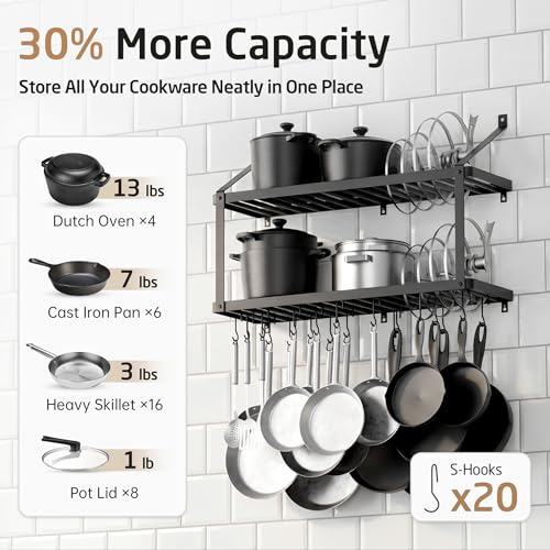 Heavy-Duty Wall Mount Pot Rack with Lid Holder - 34 Inch Black Kitchen Organizer