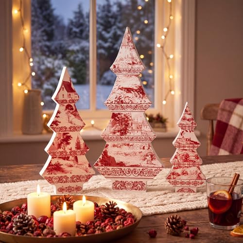 3-Piece Red Toile de Jouy Wood Christmas Trees Set