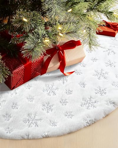 COOLWUFAN 24-Inch Silver Faux Fur Christmas Tree Skirt with Sequin Snowflakes