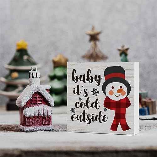 Baby It's Cold Outside Snowman Merry Christmas Tree Wood Box Sign, Farmhouse Christmas Santa Artwork Decor, Wood Square Sign Desk Block Signs Home Shelf Office Decoration 5 x 5 Inches